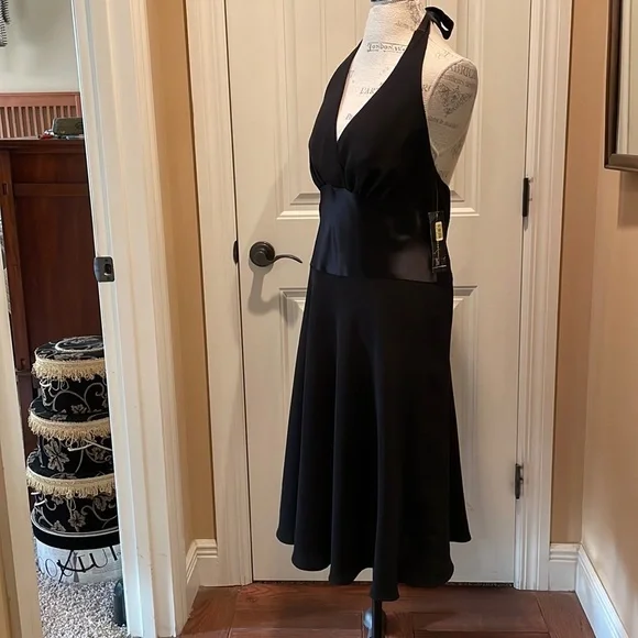 JONES NEW YORK DRESS 14 Black Satin Midi Cocktail Dress Fit and Flair NWT - Picture 14 of 14